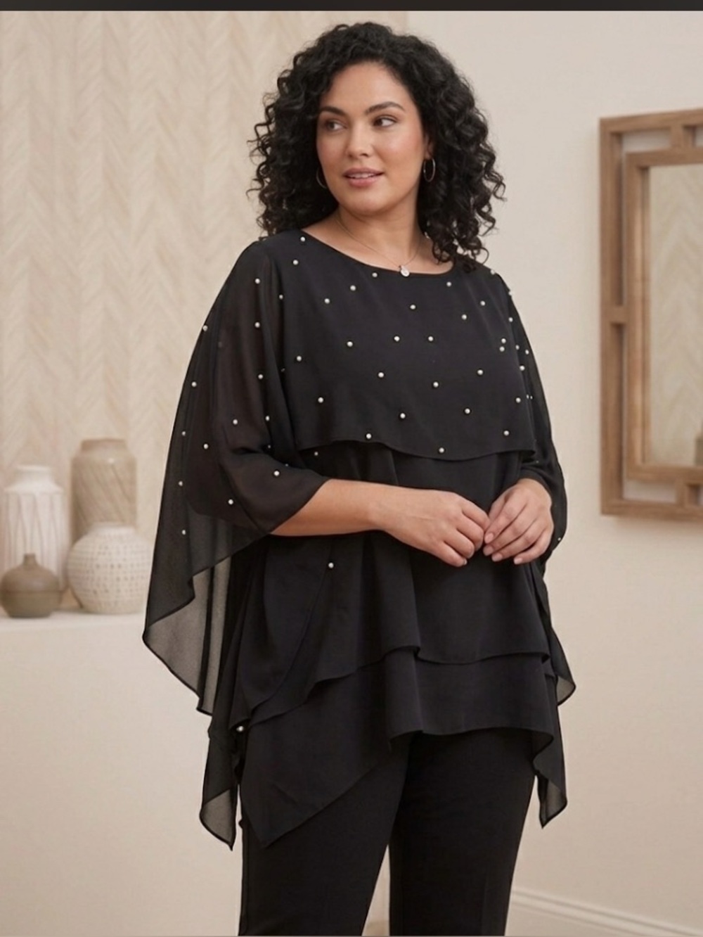 Plus SZ 3X Women’s Black Cape Style Layered Top W/Faux Pearl Enhancements